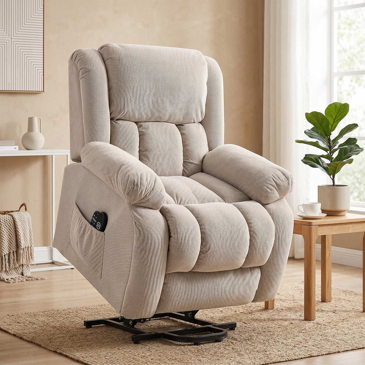 Fauteuil Releveur Électrique, Massage et Chauffage, Repose-Pieds, Dossier Inclinable, Télécommande, 93x104x100cm, Beige-7