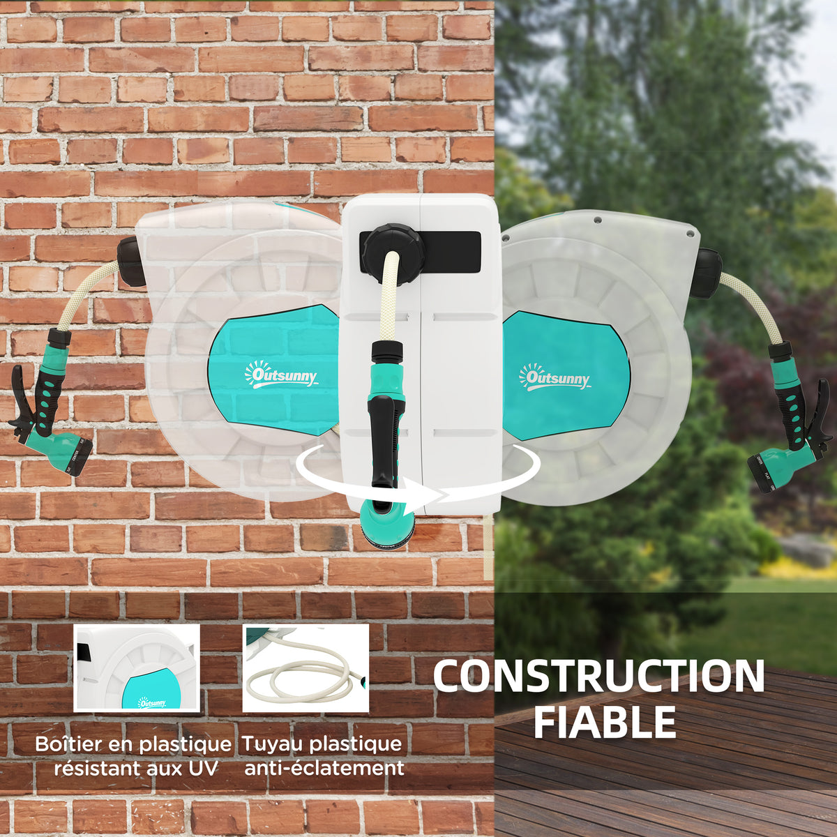 Enrouleur tuyau arrosage dévidoir de tuyaux d'eau 25+2 m support mural + poignée pivotant à 180° 55 x 20 x 42 cm gris clair-4