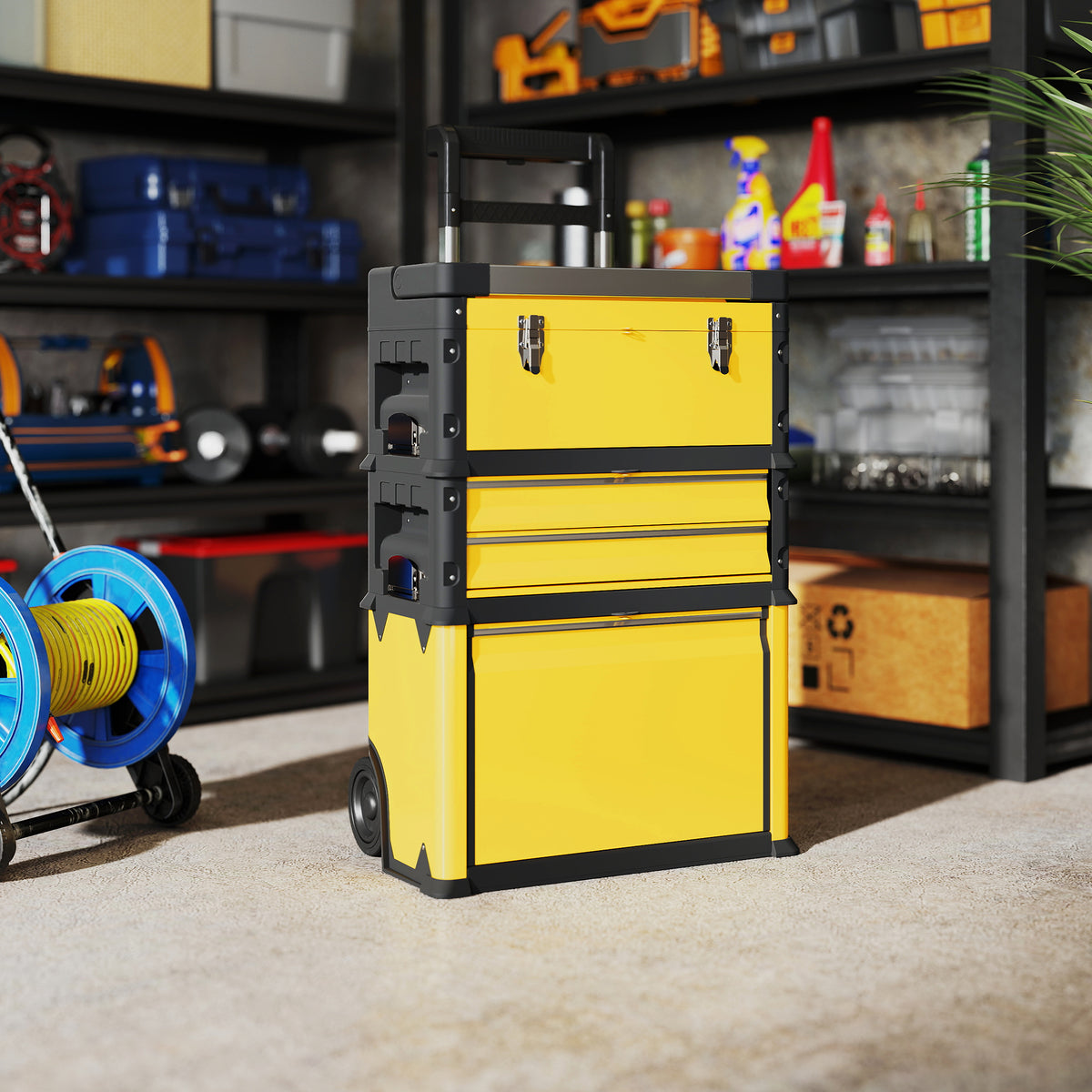 Lot de 3 boîtes à outils sur roulettes empilables et modulaires en acier avec plateau, poignées et serrure, jaune-9