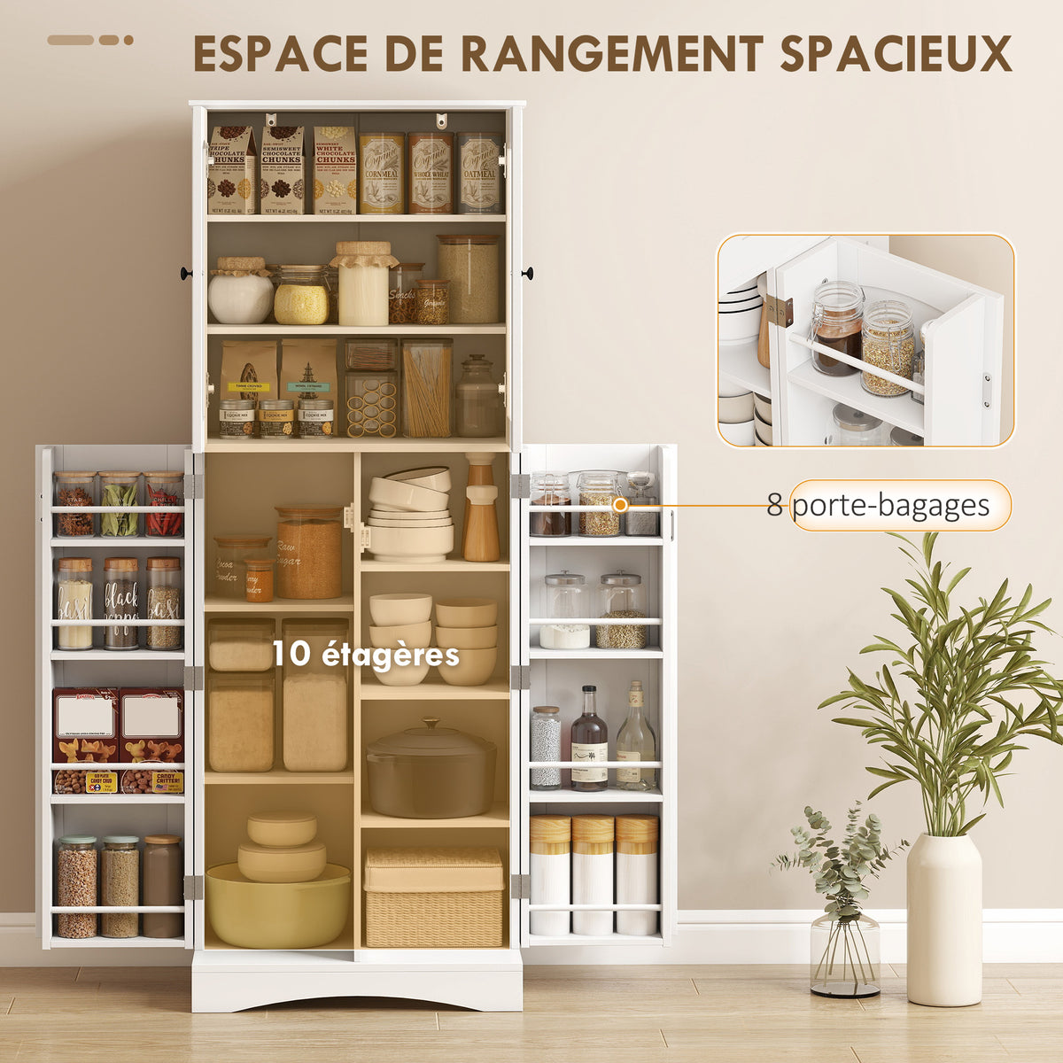 Buffet haut cuisine, vaisselier vitrine en acrylique, 4 portes, 10 compartiments, 8 porte-racks, 60 x 40 x 162 cm, blanc-3