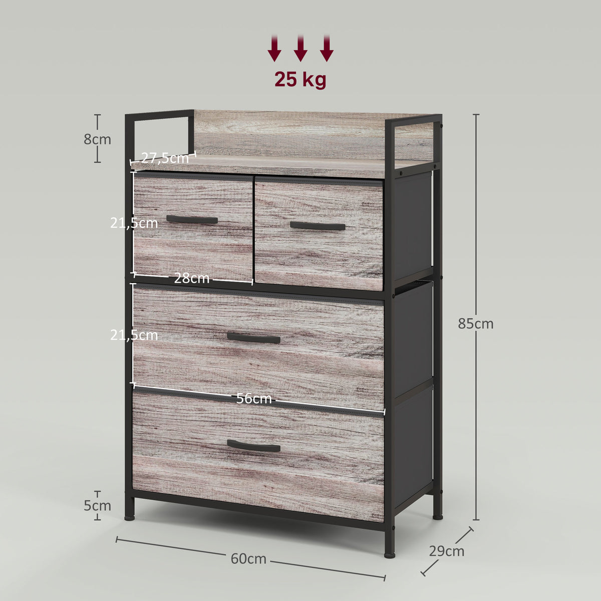 Meuble de rangement style industriel commode 4 tiroirs en tissu pliables et amovibles et 1 étagère 60 x 29 x 85 cm gris-2
