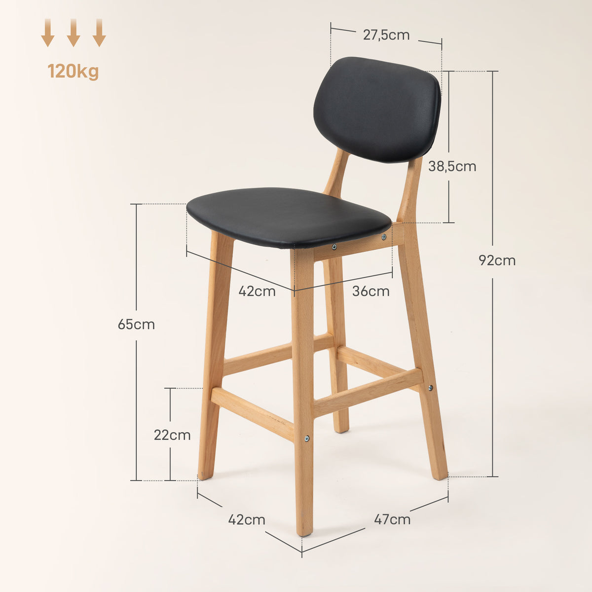 Lot de 2 tabourets de bar, chaises hautes, revêtement synthétique avec dossier et pieds en bois, noir-2