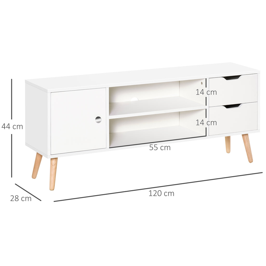 Meuble TV Banc TV Style scandinave Placard 2 niches 2 tiroirs Passe-Fils Panneaux Particules Blanc Bois pin-2