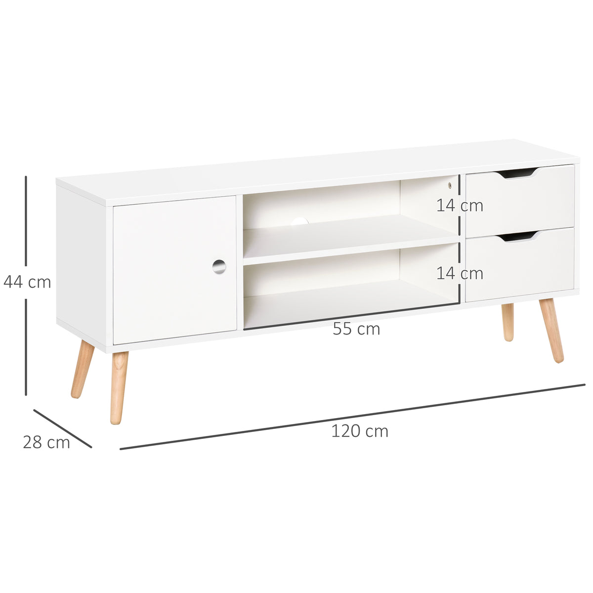 Meuble TV Banc TV Style scandinave Placard 2 niches 2 tiroirs Passe-Fils Panneaux Particules Blanc Bois pin-2