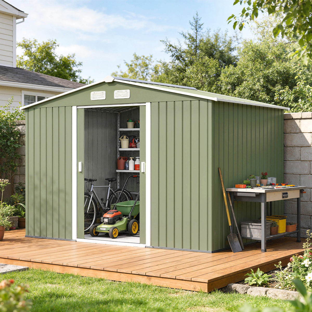 Abri de jardin 5,4 m² 2,77 x 1,95 x 1,92 m kit de fondation porte coulissante ventilations acier galvanisé, vert clair-1
