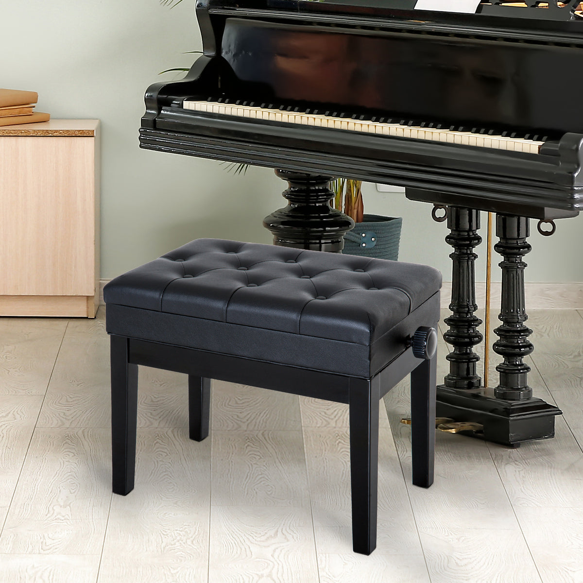 Banc de piano, banc de clavier réglable en hauteur en bois massif, tabouret piano avec compartiment caché, siège rembourré polyuréthane à 10 boutons, stable et antidérapant, charge 200kg, noir-9