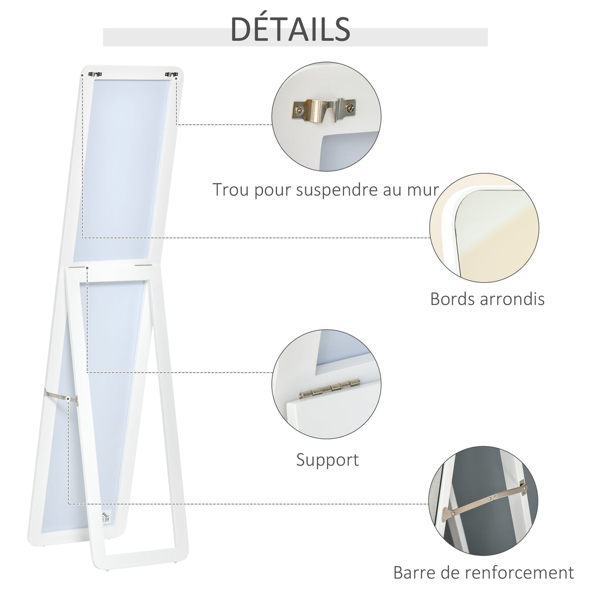 Miroir sur Pied et Mural rectangulaire dim. 37L x 43l x 156H cm Bois Aspect Blanc-5