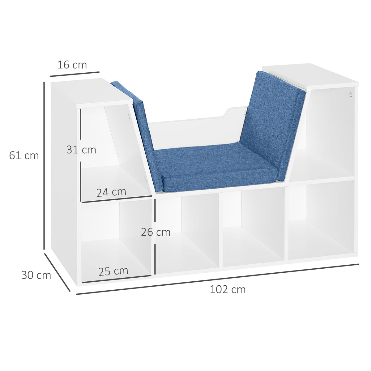 Bibliothèque banc 2 en 1 avec coussins de siège, étagère cube 6 compartiments ouverts et 2 niveaux, meuble de rangement pour salon, chambre à coucher, bureau, 102 x 30 x 61 cm, bleu-2