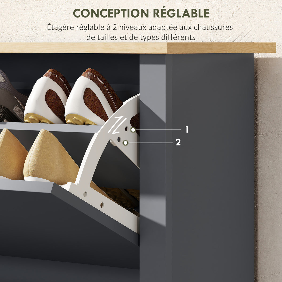 Meuble à chaussures 12 paires, armoire à chaussures étroite avec 2 tiroirs rabattables et étagères réglables, gris foncé-4