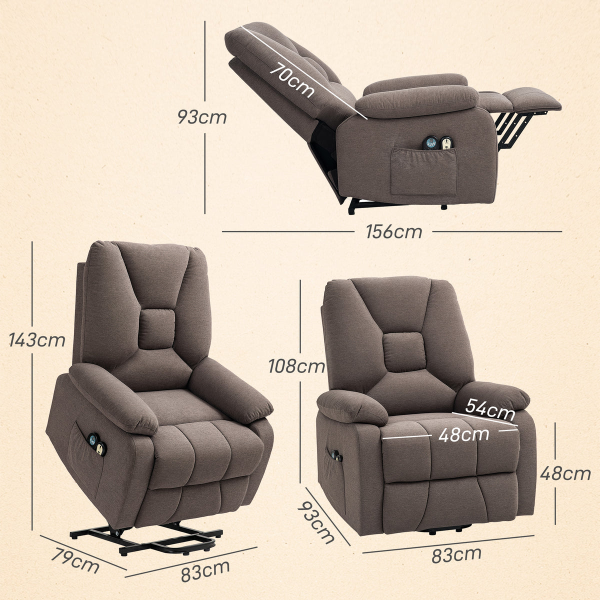 Fauteuil releveur électrique inclinable avec repose-pied et télécommande, tissu polyester aspect lin marron-2
