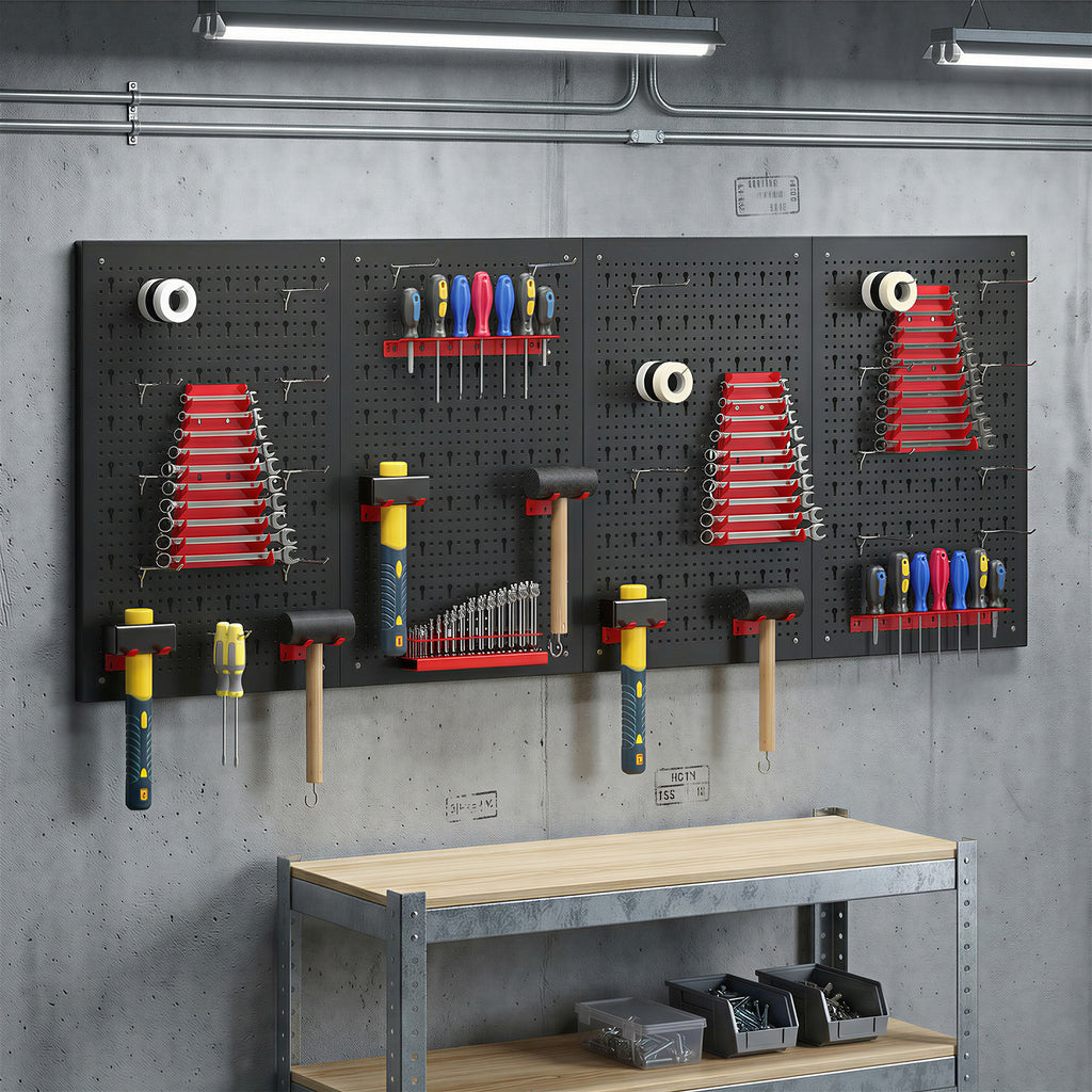 panneau perforé mural 600 x 400 mm, organiseur garage en acier avec 4 panneaux perforés, noir et rouge-9