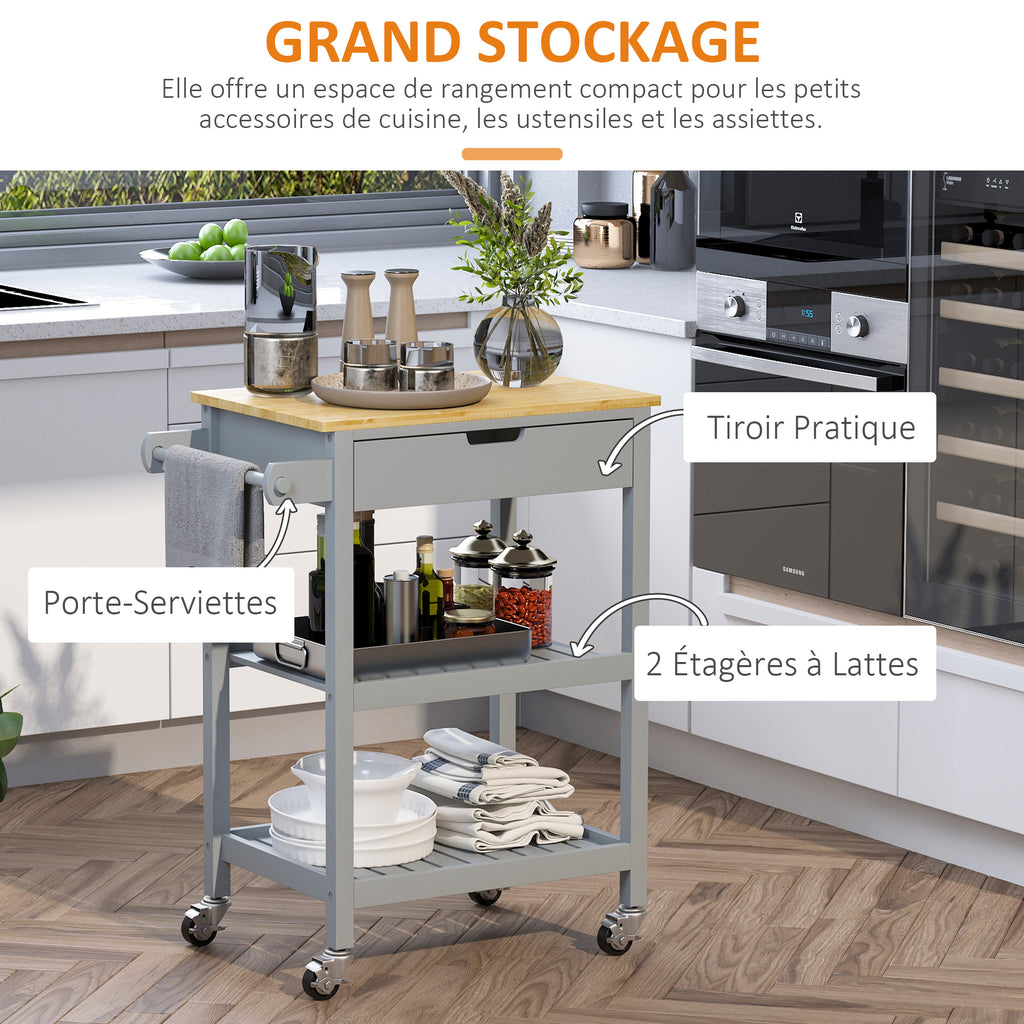 Desserte de service chariot de cuisine à roulettes avec plan de travail en bois hévéa - 2 étagères, 1 tiroir et-3