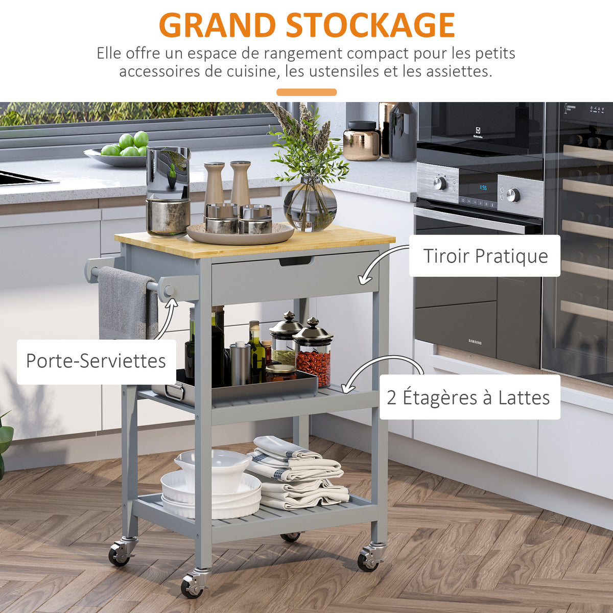 Desserte de service chariot de cuisine à roulettes avec plan de travail en bois hévéa - 2 étagères, 1 tiroir et-3