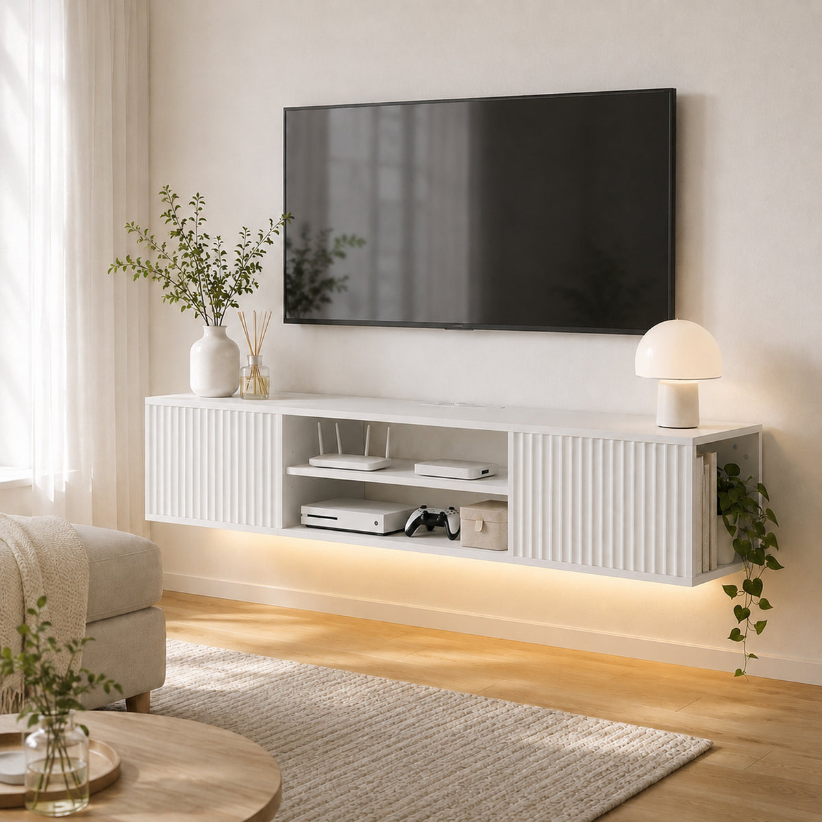 Meuble TV Suspendu Flottant 140cm avec Éclairage LED et Prises, 2 Portes Cannelées et Étagère Réglable, Blanc-8