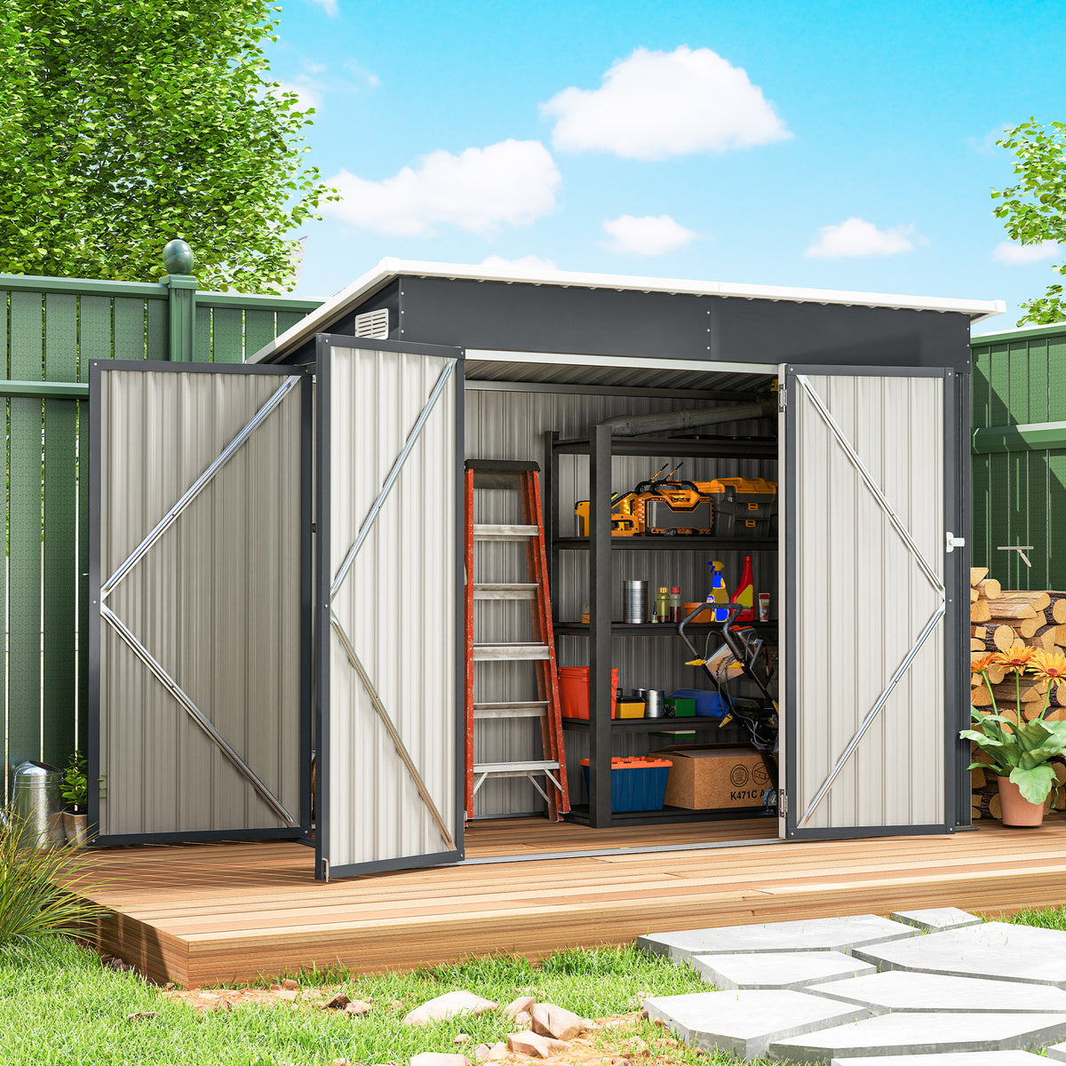 Abri de jardin en métal cabane jardin extérieure triple porte verrouillable toit incliné aérations 234x132x185cm gris-1