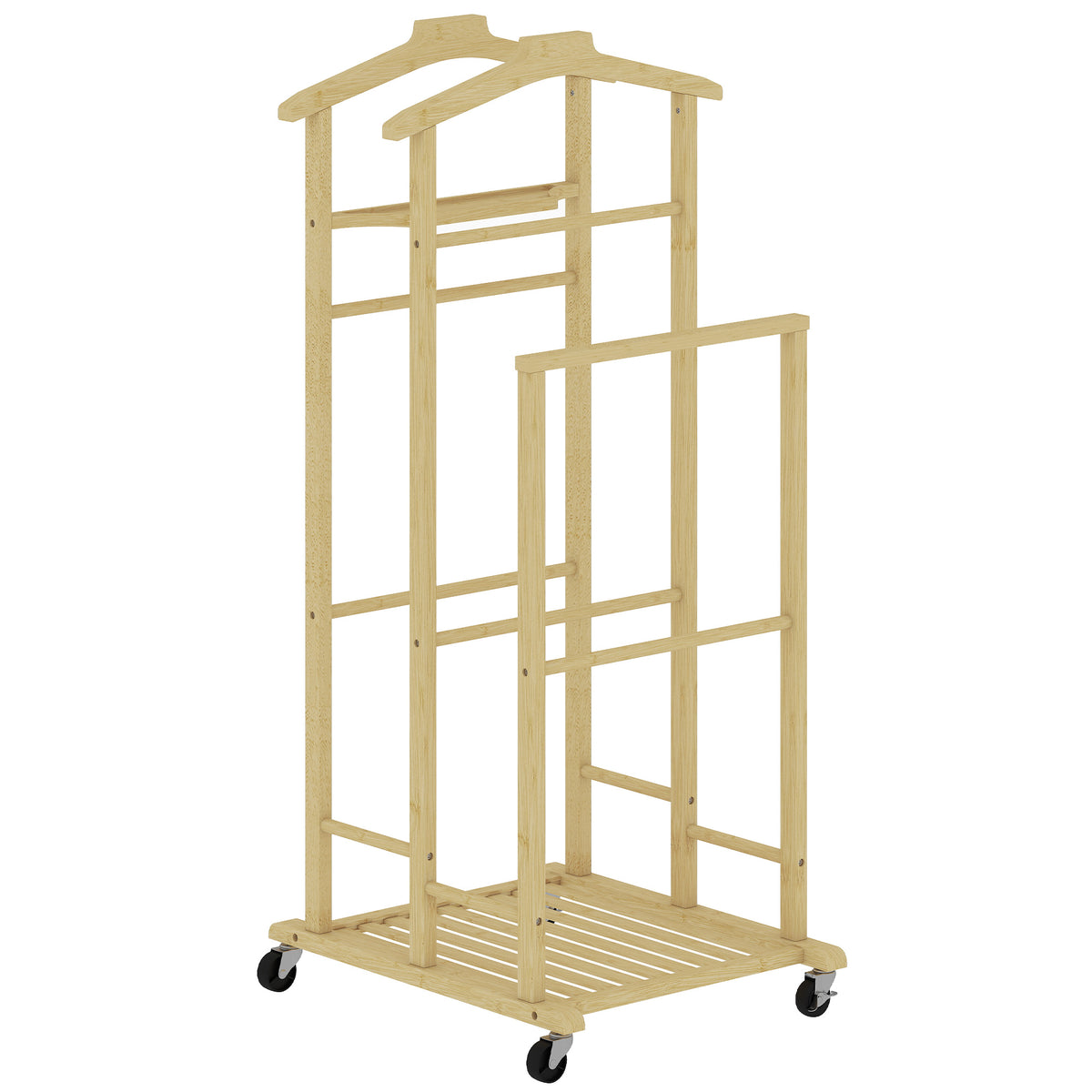 Valet de chambre à roulettes, portant à vêtements en bambou, cintres, barres de suspension, plateau et étagère, chêne-0