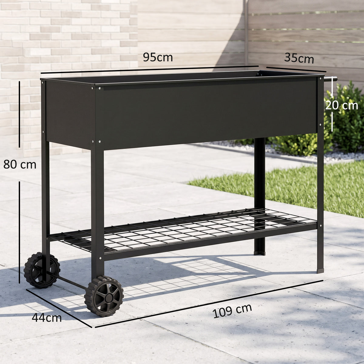 Jardinière sur Pieds Potager dim. 109L x 39l x 80H cm étagère 2 Roues + Insert d'irrigation métal Noir-2