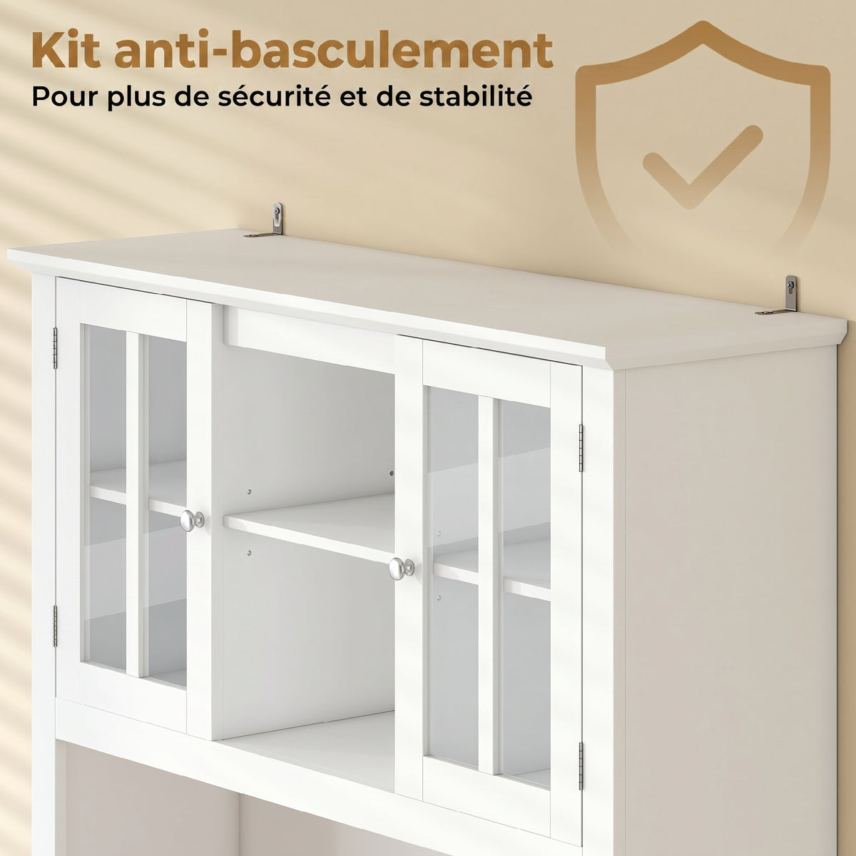 Buffet haut cuisine avec éclairage LED, vaisselier, 4 portes dont 2 en verre, tiroirs, porte-bouteilles, blanc-7