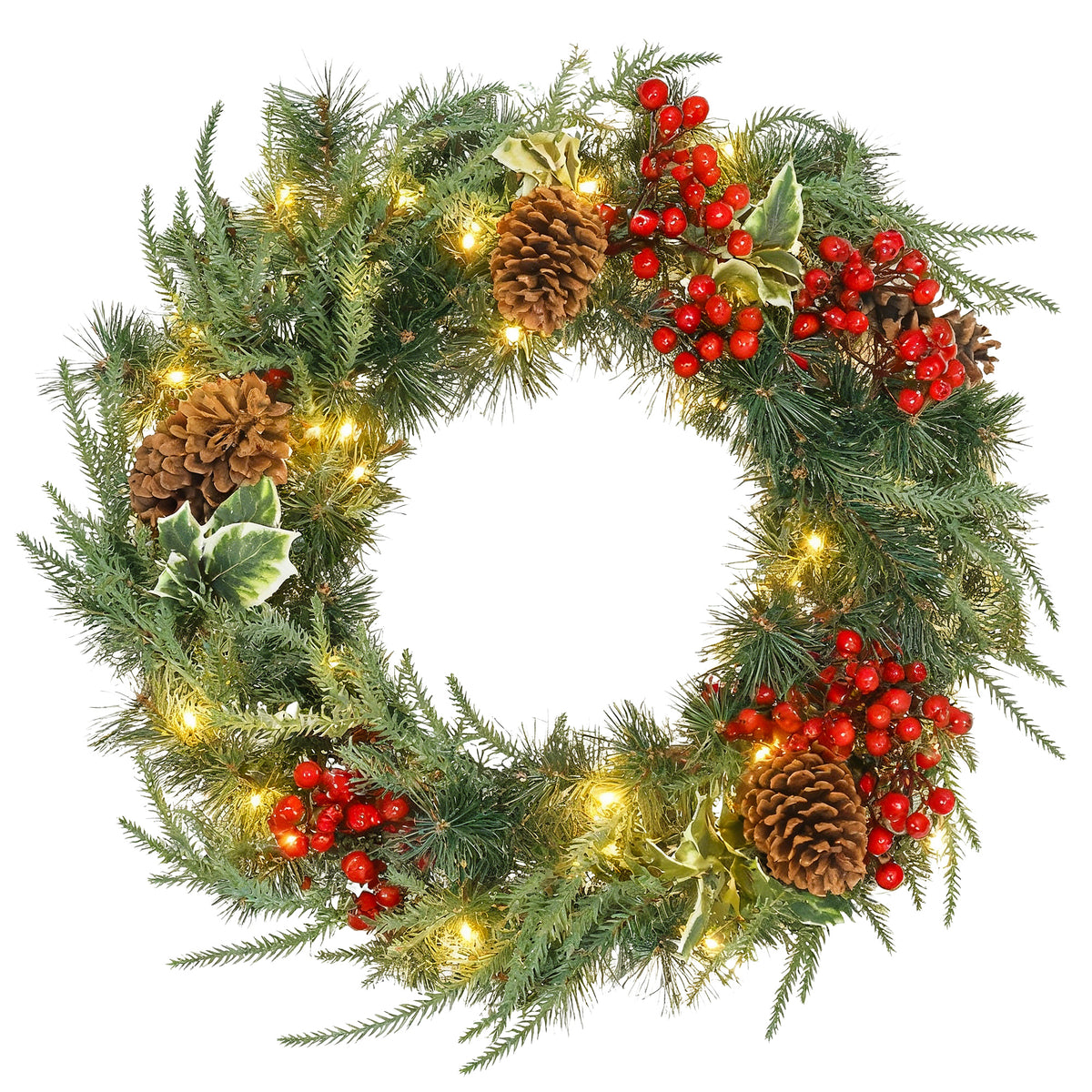 Couronne de Noël lumineuse 60 cm avec 35 LED, minuterie, 170 pointes, pommes de pin, baies, feuilles de houx, vert-0