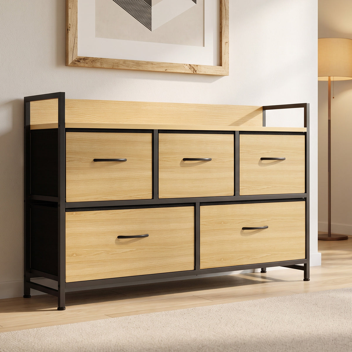 Commode, meuble de rangement avec 5 tiroirs en tissu pliables, plateau et cadre en acier, 98 x 29 x 63 cm, chêne-1