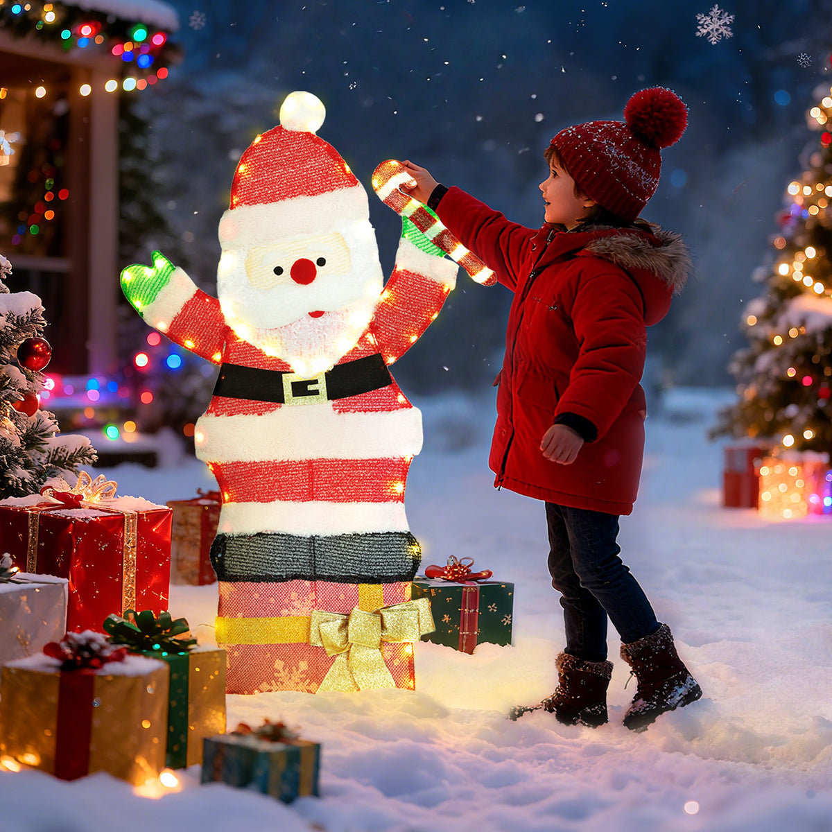 Père Noël lumineux de 90 cm avec 97 LED blanc chaud, décoration de Noël pour intérieur et extérieur-7