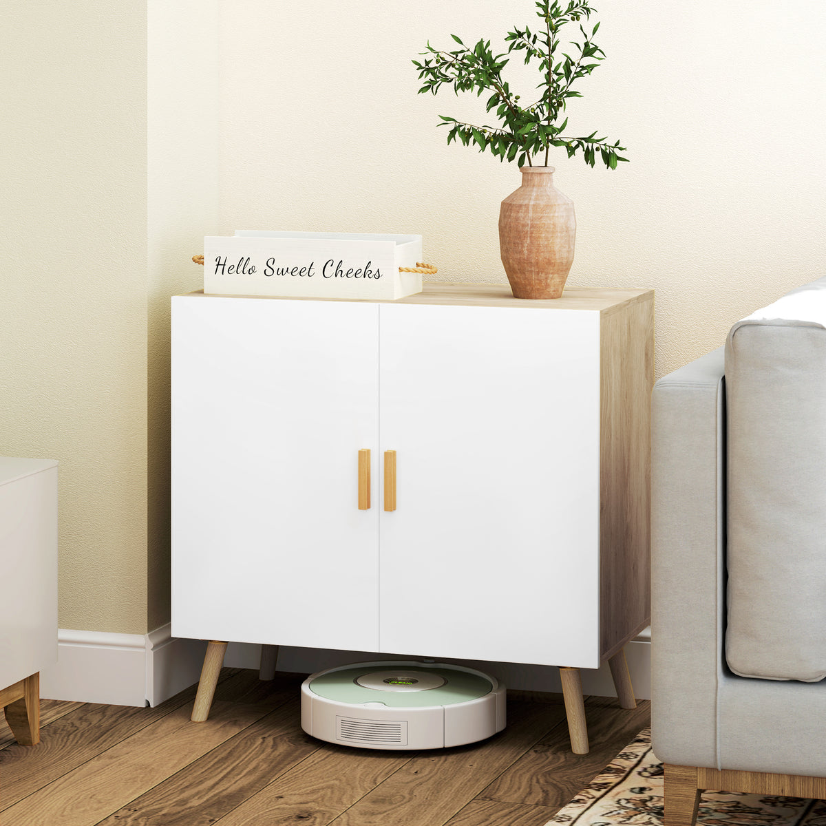 Buffet meuble de rangement avec poignées en bambou étagère ajustable base surélevée 76 x 41,2 x 74 cm blanc bois naturel-1