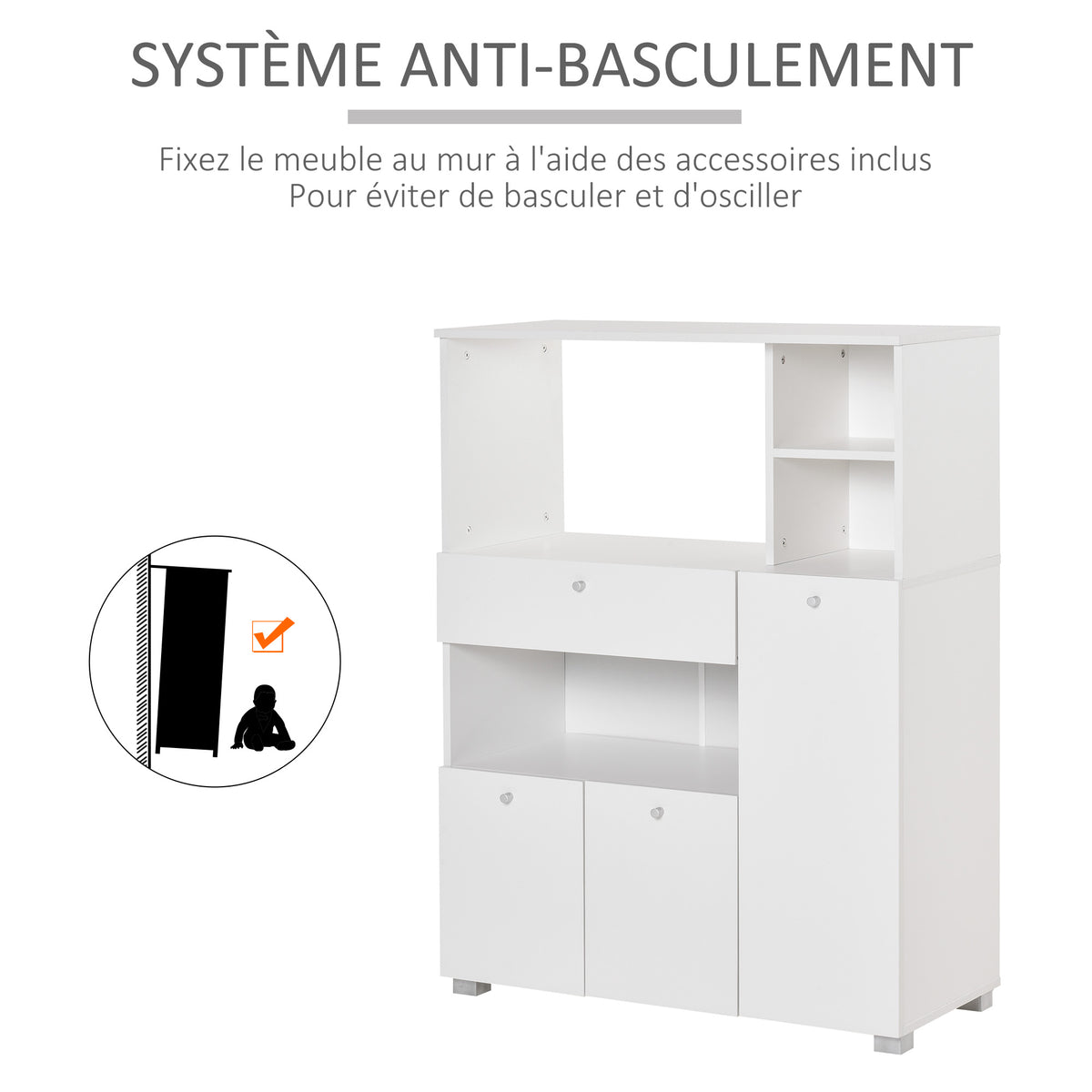 Meuble de micro-onde armoire cuisine meuble de rangement multi-rangements buffet avec 2 placards 4 niches tiroir coulissant dim. 90L x 40l x 120H cm en bois blanc-4