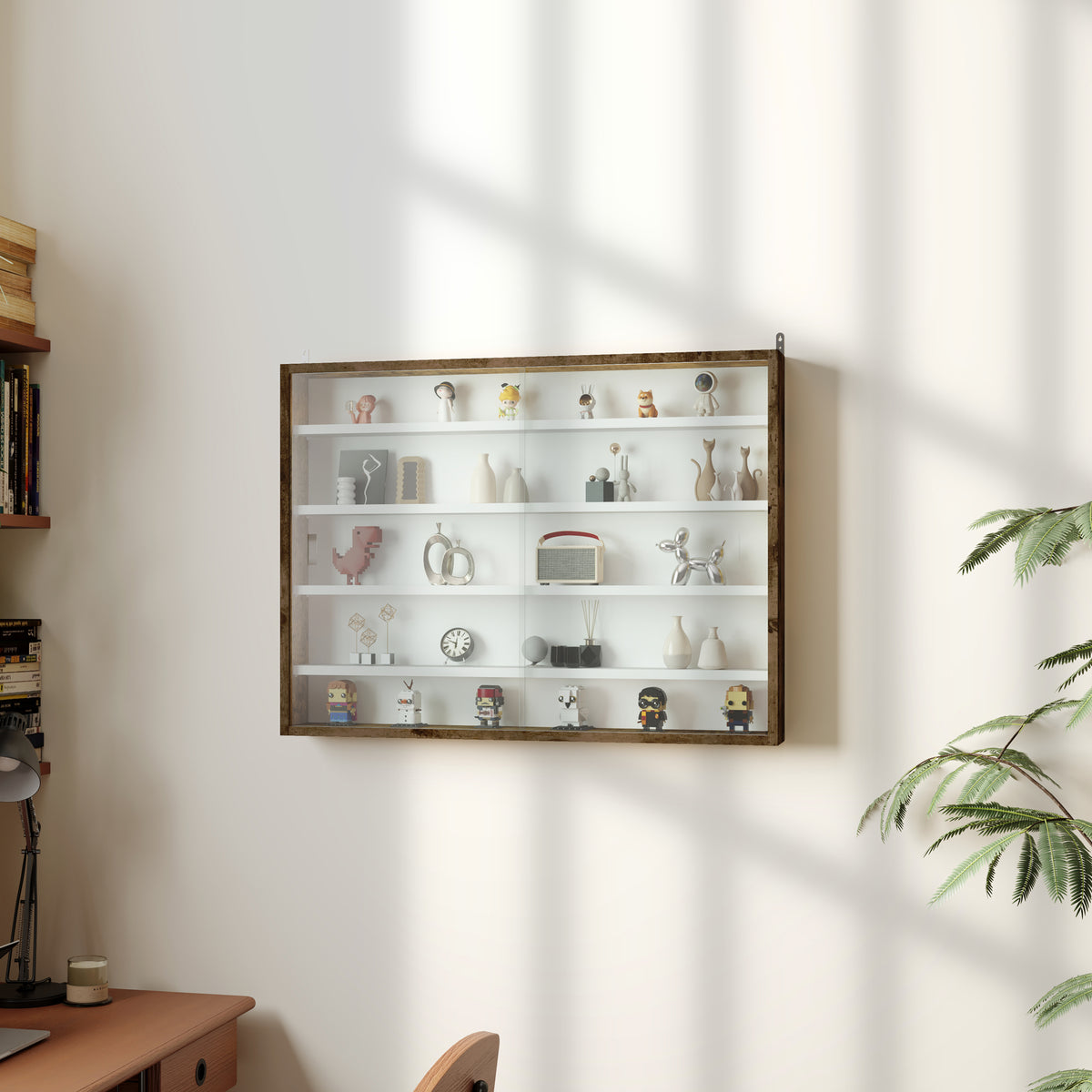 Vitrine murale pour objets de collection 5 étagère réglables en hauteur et 2 portes coulissantes 80 x 9,5 x 60 cm marron-1