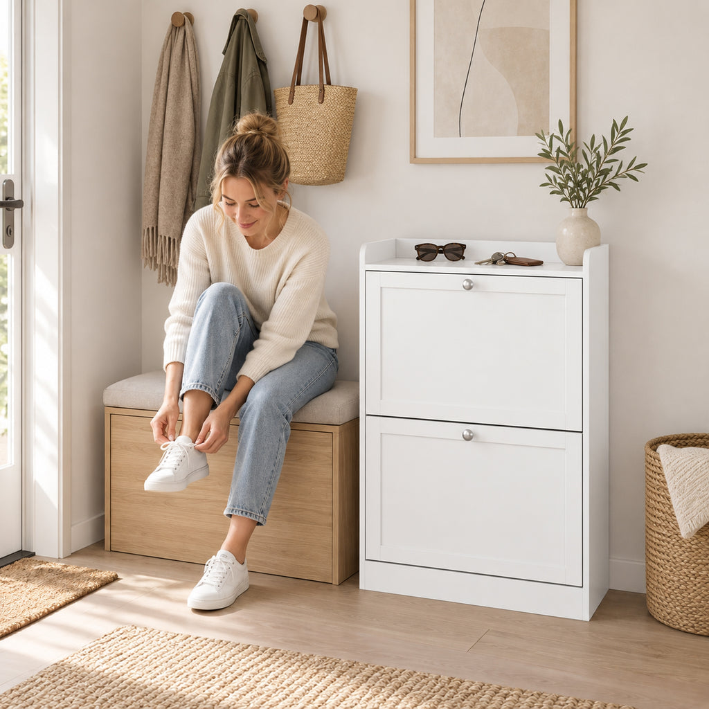 Meuble à Chaussures 10 Paires, Armoire à Chaussures Étroite avec 2 Tiroirs Rabattables, Étagères Réglables, Blanc-7