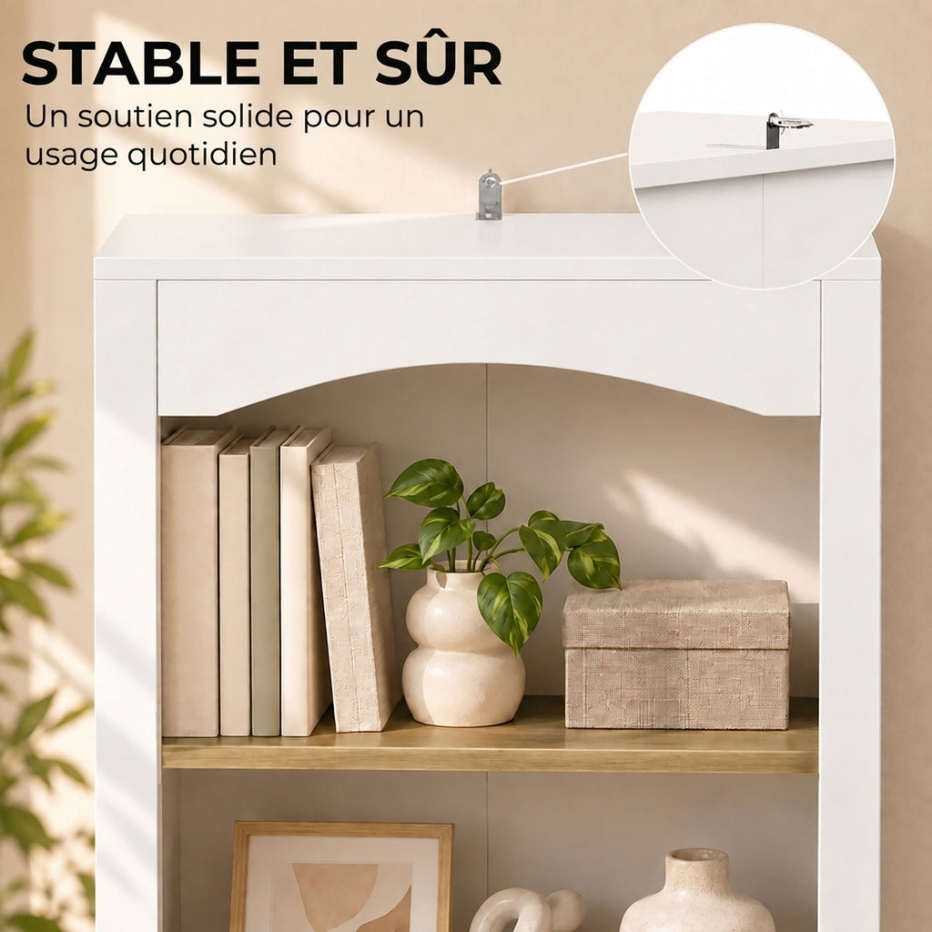 Bibliothèque Arquée 5 Niveaux, Étagère à Livres, Meuble de Rangement, Étagères Réglables, 50x30x183cm, Blanc et Chêne-6