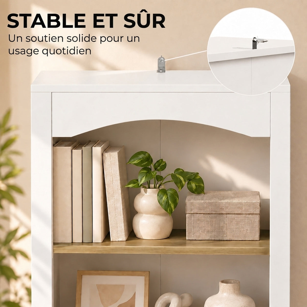 Bibliothèque Arquée 5 Niveaux, Étagère à Livres, Meuble de Rangement, Étagères Réglables, 50x30x183cm, Blanc et Chêne-6