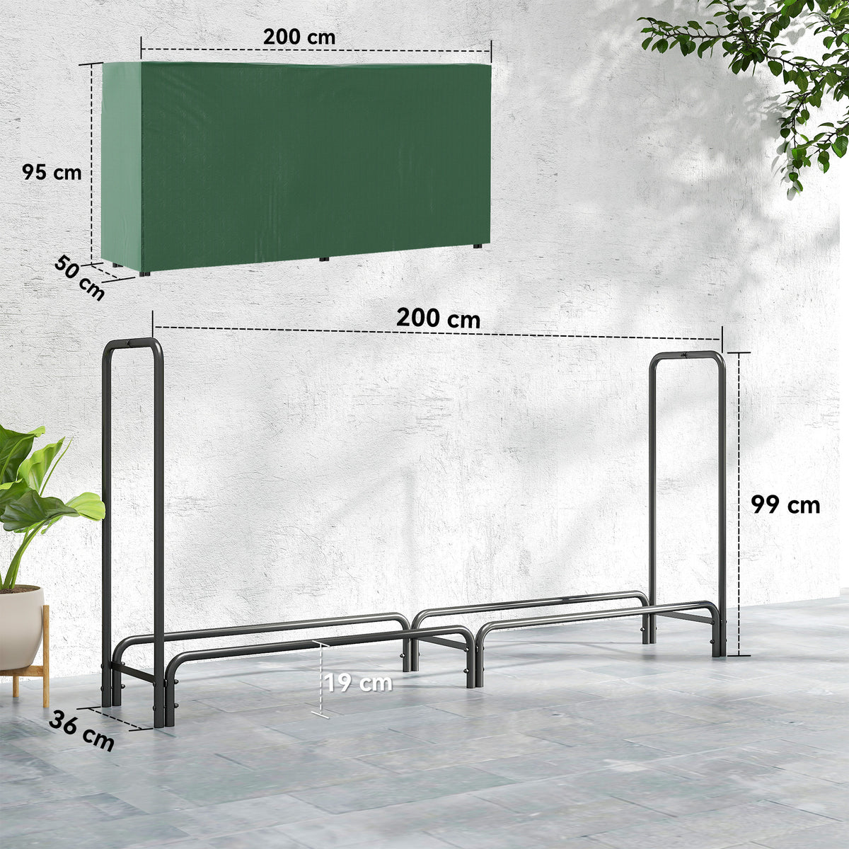 Range buches extérieur, abri buches, avec housse en PE, base surélevée, pour extérieur, 200 x 36 x 99 cm, métal, noir-2