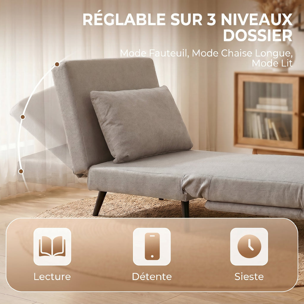 Fauteuil Convertible 1 Place, Fauteuil-Lit Clic-Clac 3 en 1 avec Dossier Réglable, Oreiller, Assise Large, Marron Clair-4