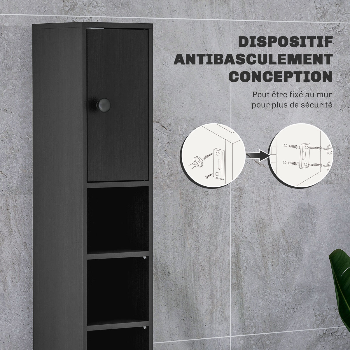 Colonne de rangement armoire haute pour salle de bain 1 tiroir 4 étagères réglables et 2 placards 20 x 20 x 180 cm noir-4