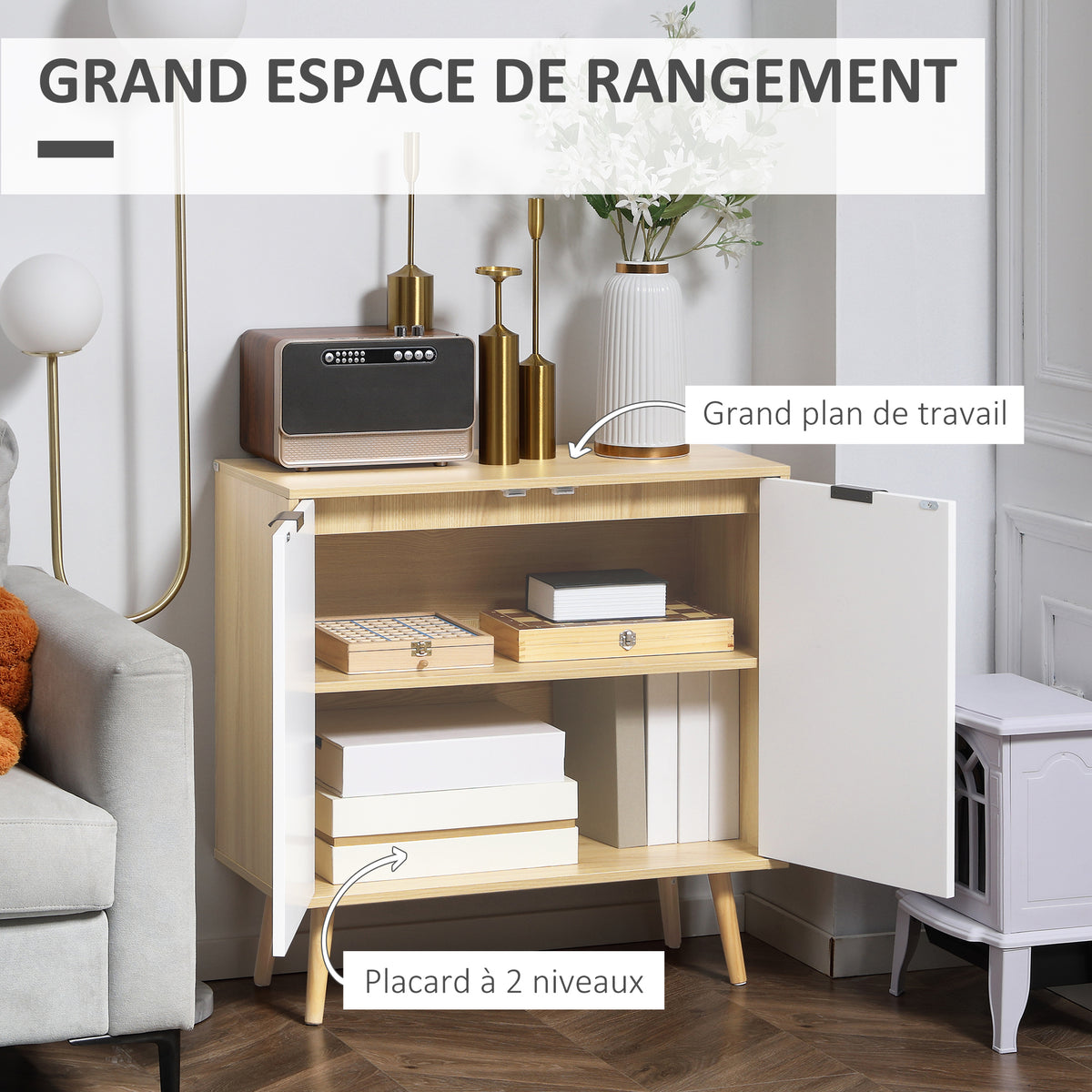 Buffet salon, meuble de rangement avec 2 portes et étagère réglable, 77 x 35 x 77,5 cm, blanc et bois naturel-3