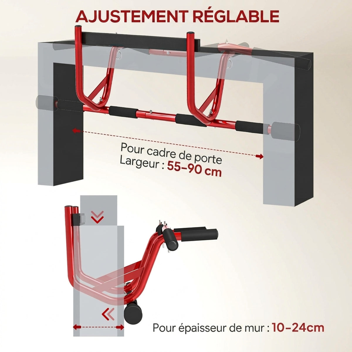 Barre de Traction Porte et Pompes au Sol Sans Perçage Pull Up Bar 2 en 1 150 kg Sécurité Anti-Chute 96x46x30,5cm Rouge-4