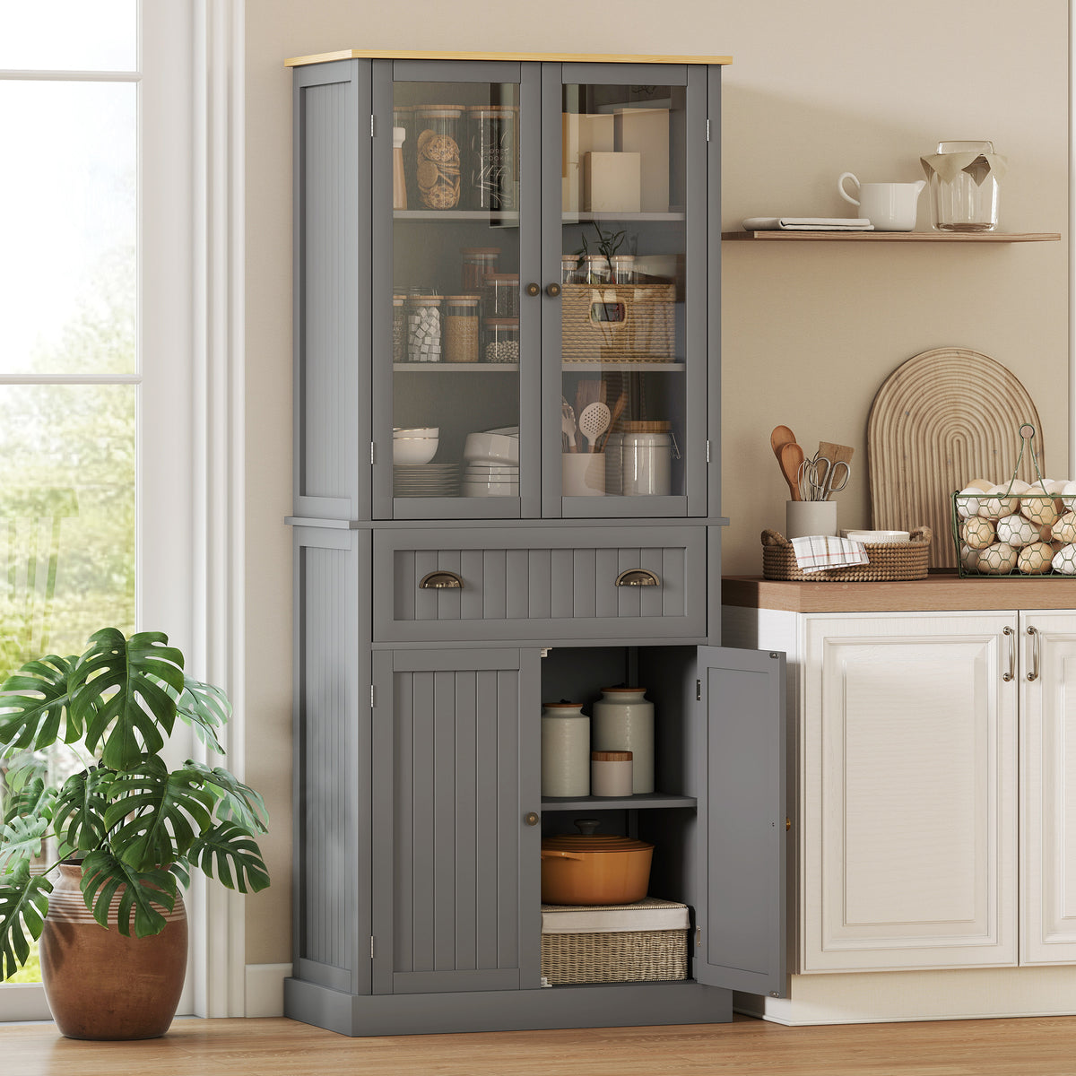 Buffet meuble cuisine rangement armoire de cuisine 4 portes dont 2 portes vitrées et 1 tiroir étagères réglables - gris-1