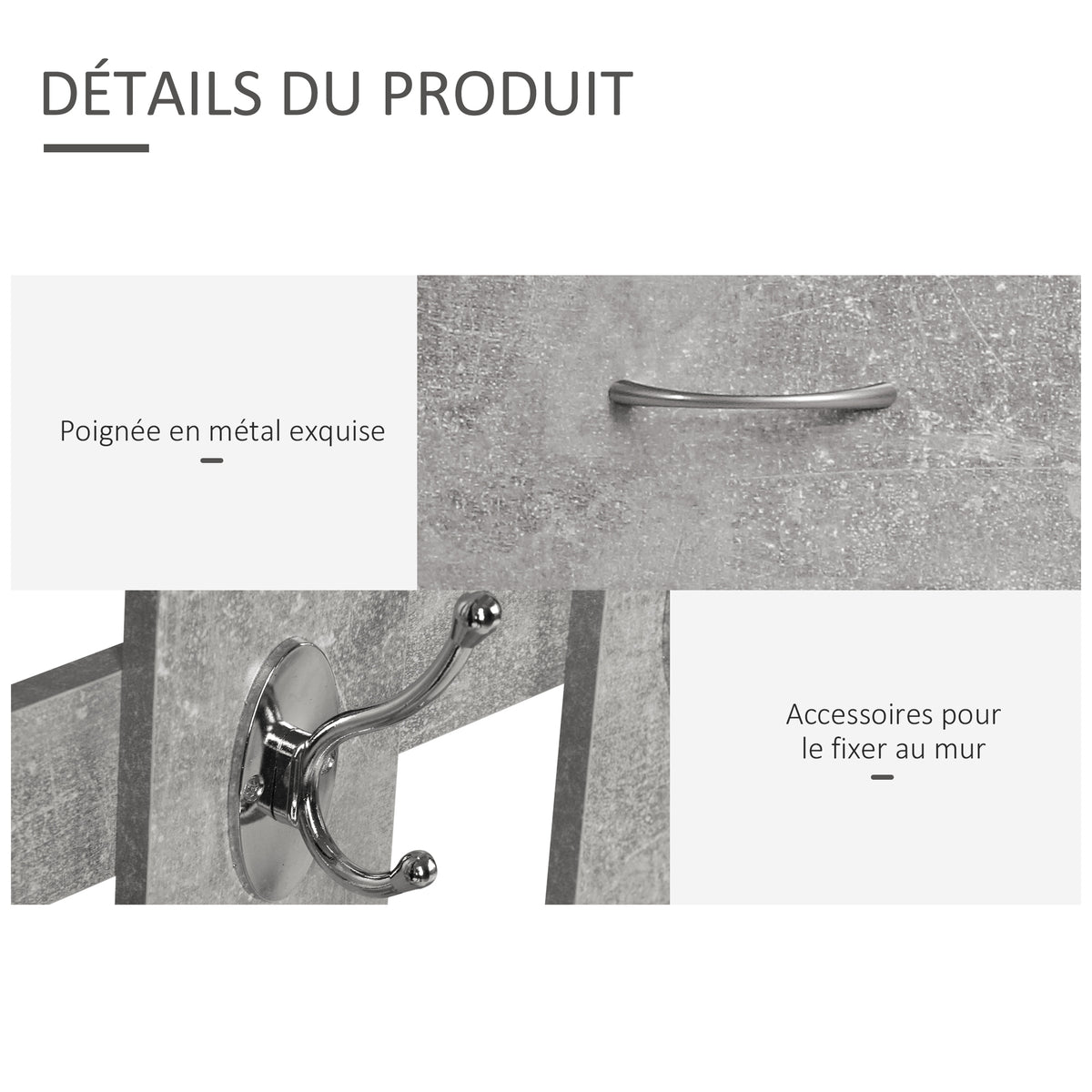 Ensembles 3 en 1 de meuble d'entrée vestiaire avec panneau porte-manteau, miroir et banc à chaussures - 6 crochets et étagère réglable, effet béton gris-4
