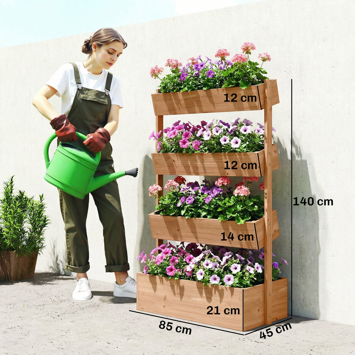 Jardinière Surélevée en Bois avec 4 Étages, avec Trous de Drainage et Doublure en Tissu, 85x45x140cm, Marron-2