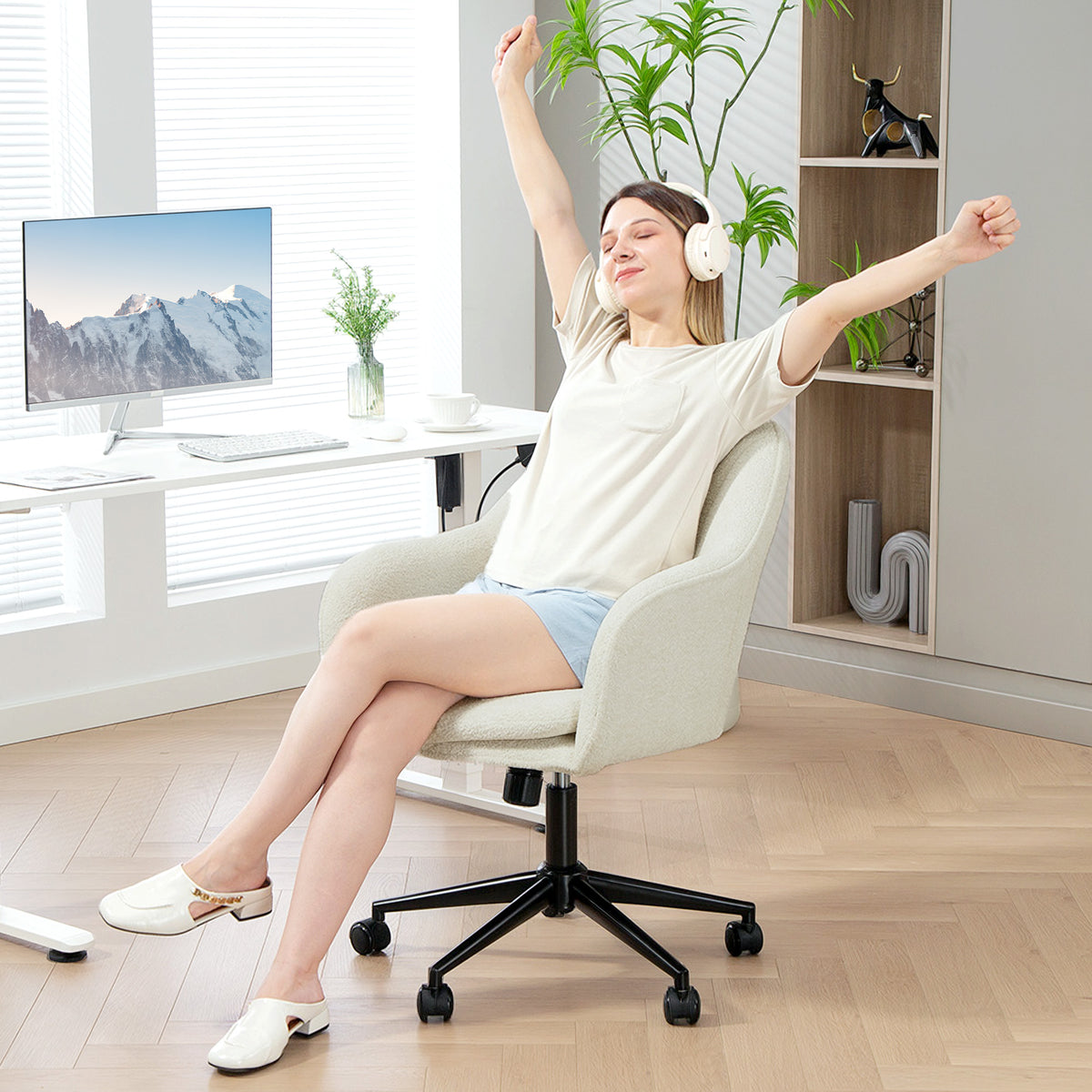 Chaise de bureau, fauteuil de bureau ergonomique réglable en hauteur, siège pivotante, fonction de bascule, beige-7