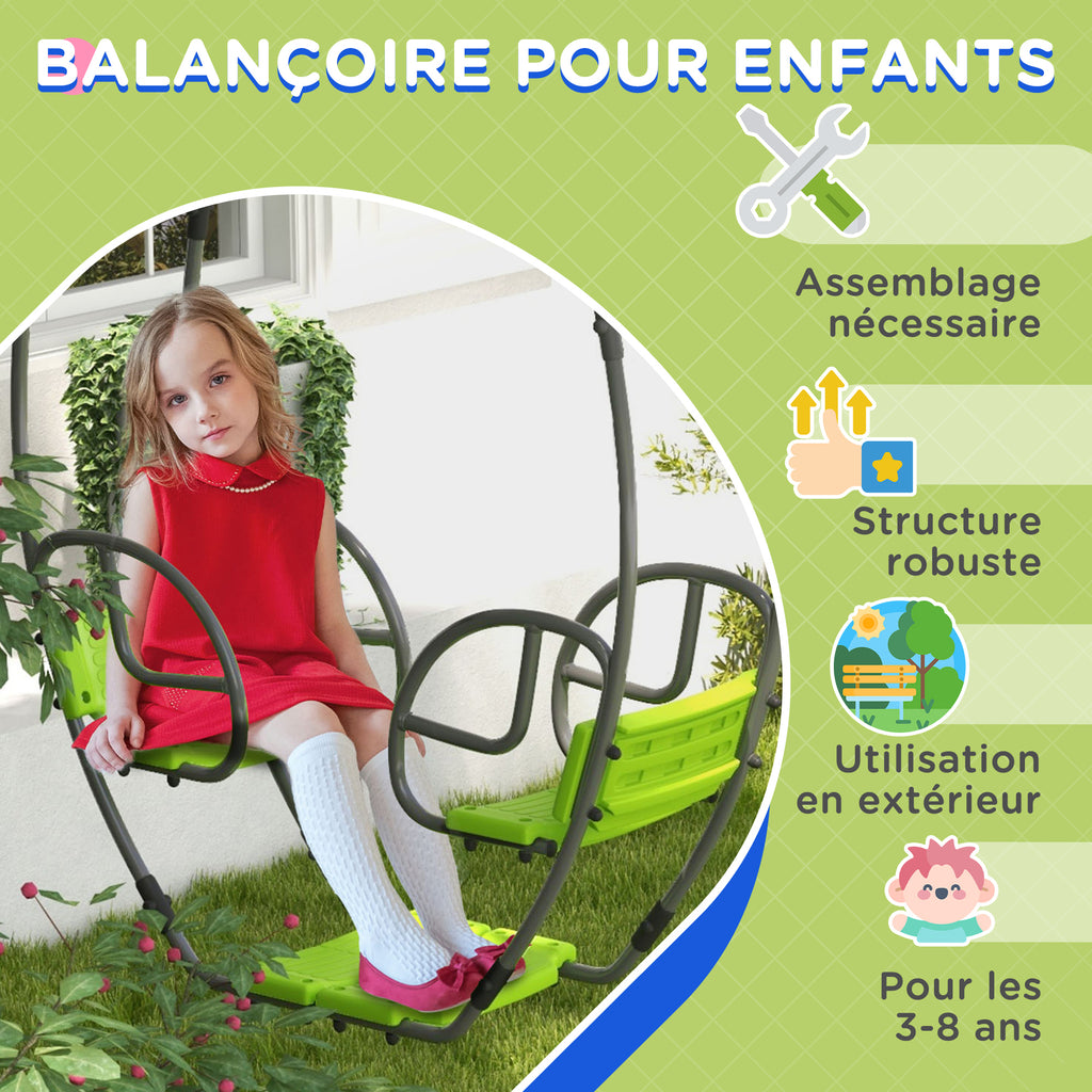 Balançoire pour enfants structure en métal avec poignée pour 2 enfants de 3 à 6 ans 110,5 x 40,5 x 180 cm vert-7