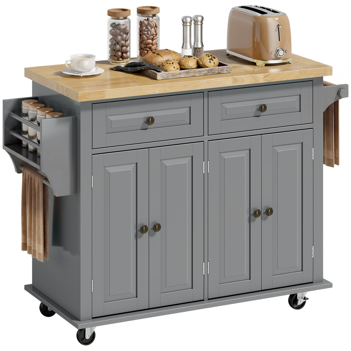 Desserte ilôt de cuisine multi rangements 2 tiroirs 2 placard 2 portes avec étagère range-bouteille-0