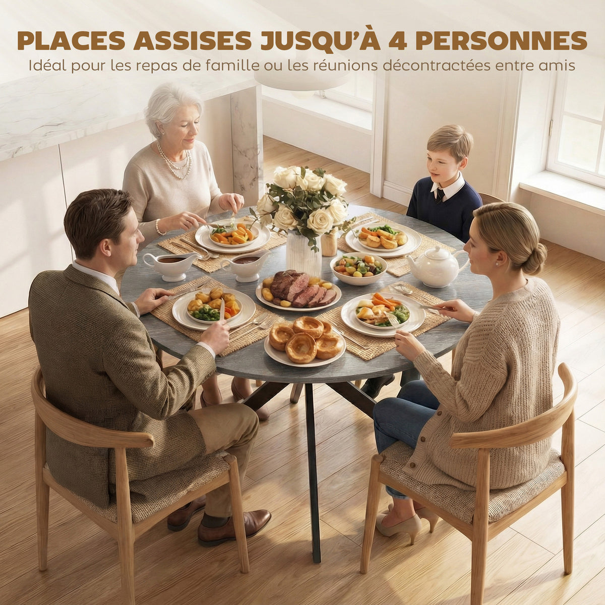 Table à Manger Ronde pour 4 Personnes 100 cm, Style Industriel avec Plateau Aspect Bois, Piètement Croisé en Acier, Gris-4