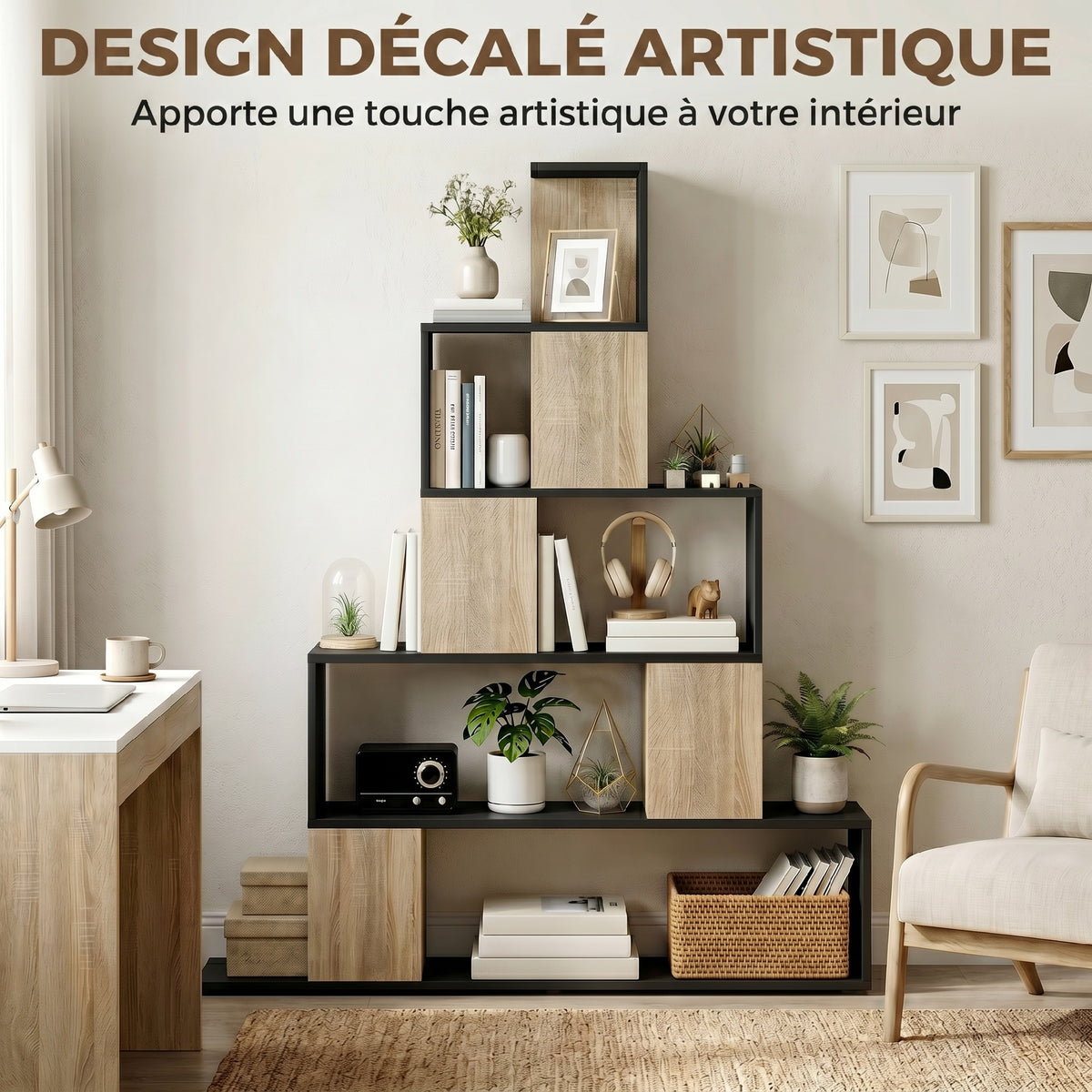 Étagère de rangement, bibliothèque géométrique à 5 niveaux, pour bureau, salon, chambre, noir et bois naturel-3