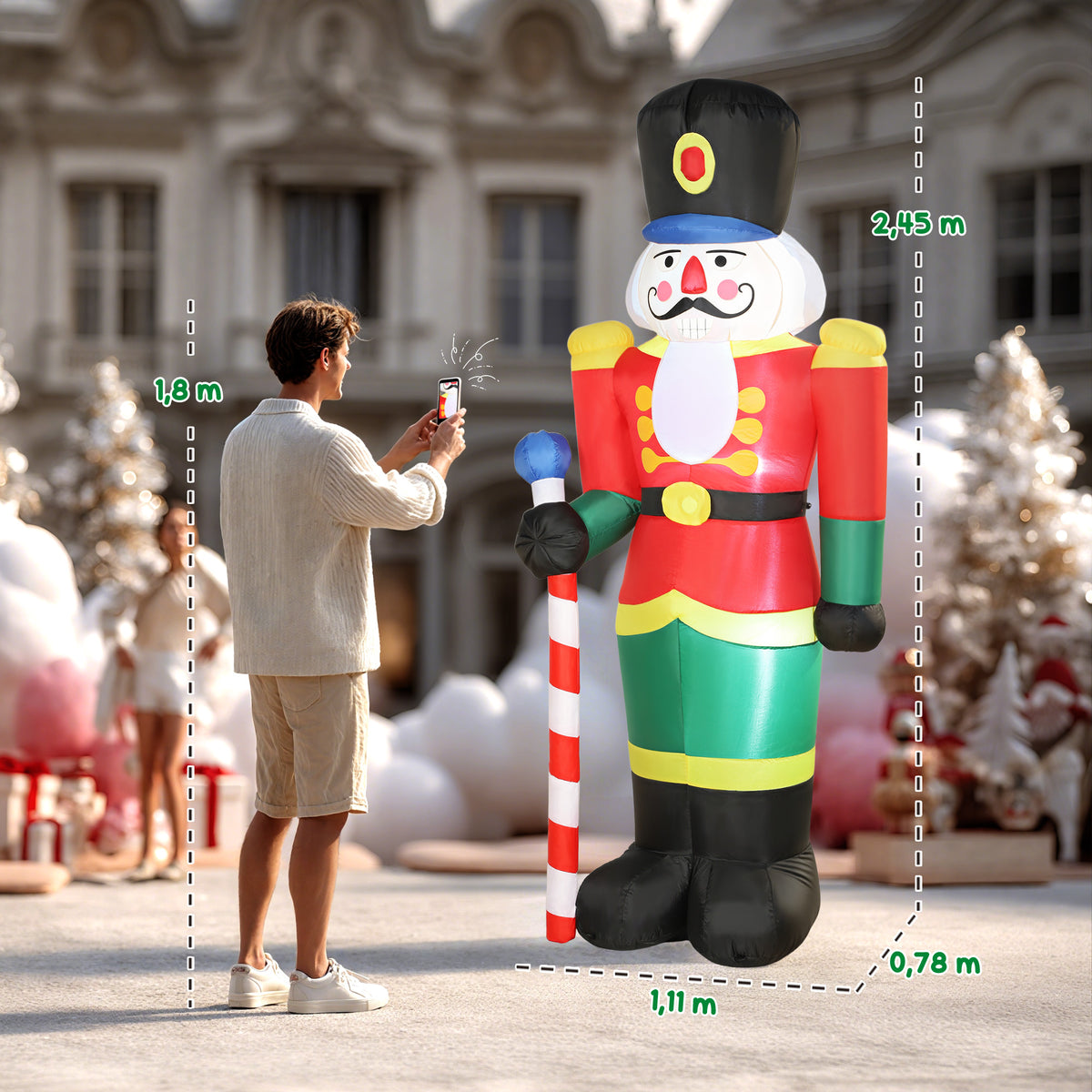 Soldat casse-noisette gonflable de Noël 245 CM avec lumières LED et sceptre, intérieur et extérieur, multicolore-2