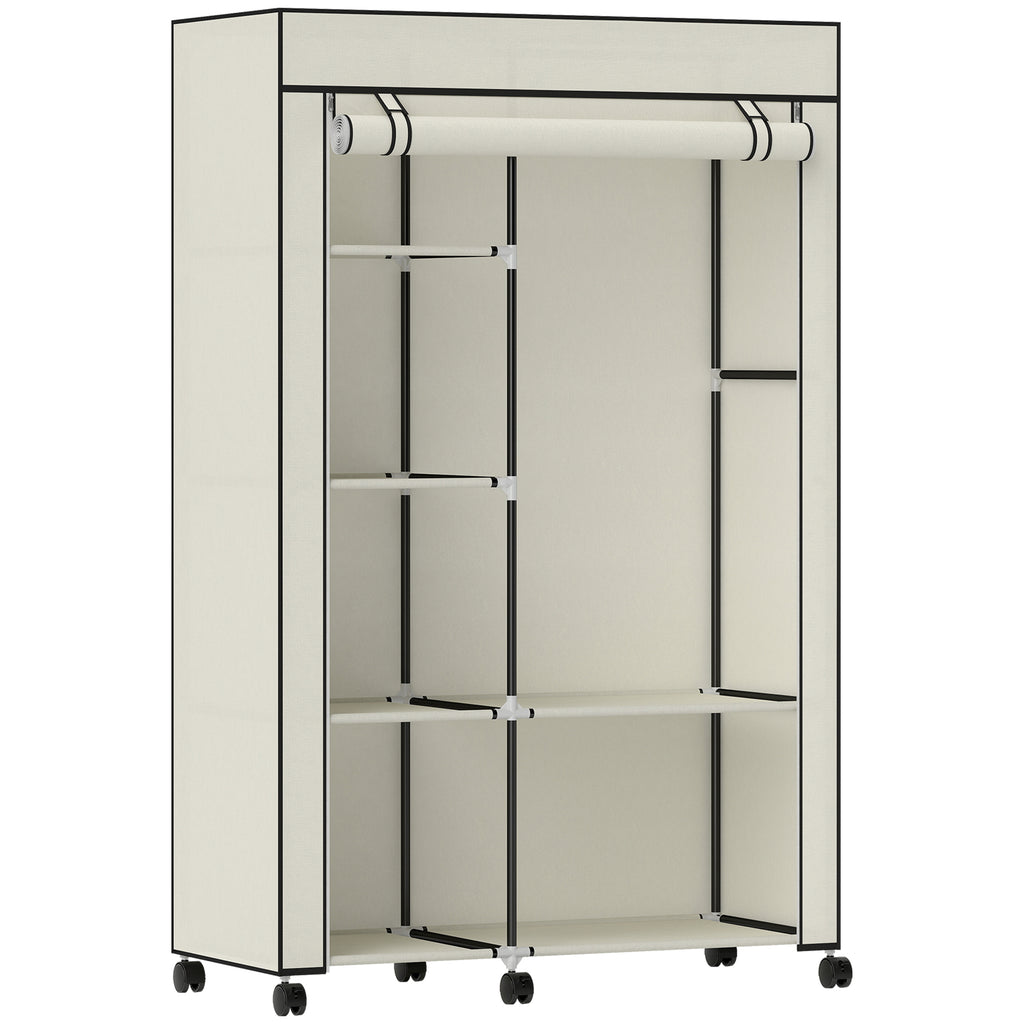 Armoire penderie en tissu meuble de rangement 6 roulettes tringle à vêtements et étagères ouvertes 103x43x162,5cm crème-0