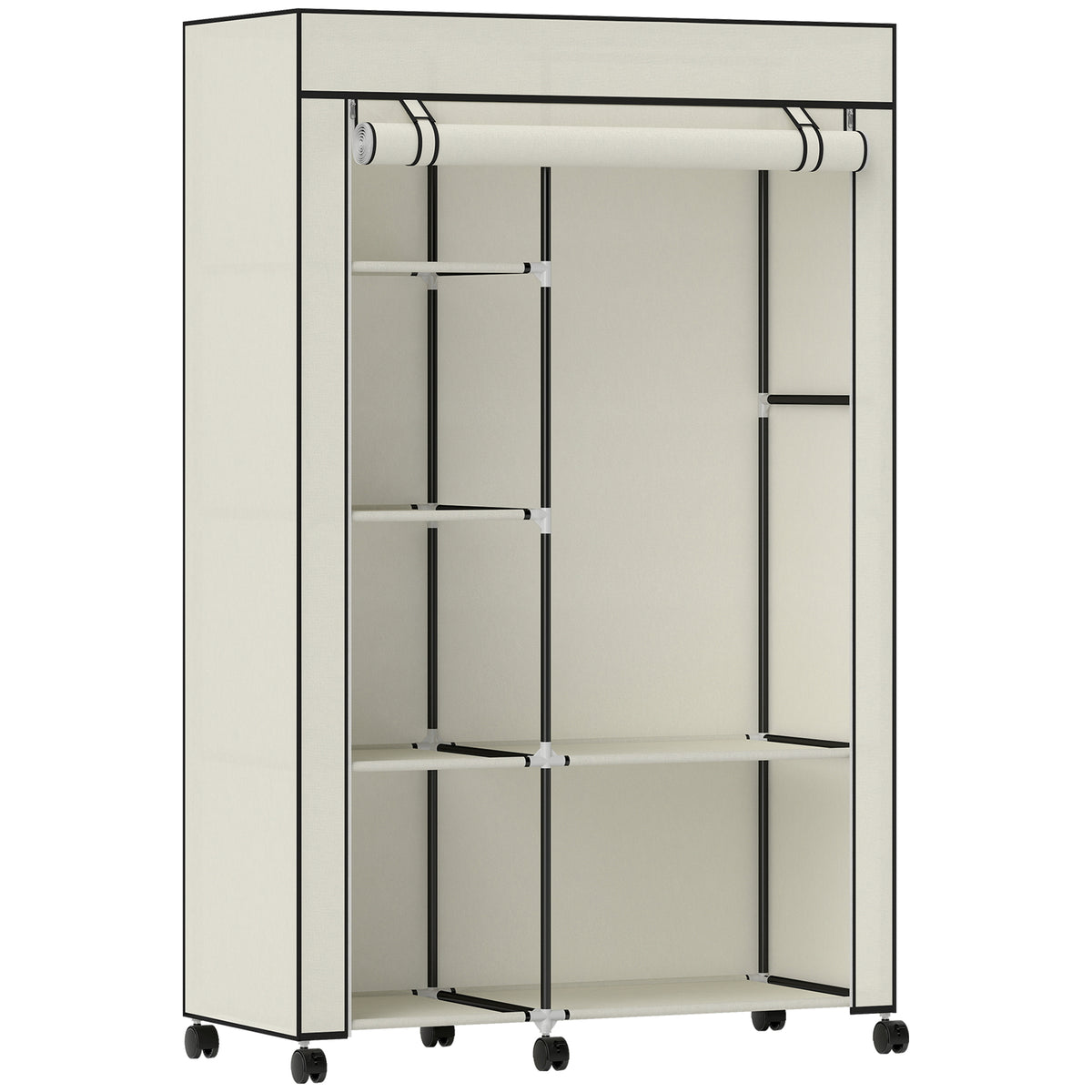 Armoire penderie en tissu meuble de rangement 6 roulettes tringle à vêtements et étagères ouvertes 103x43x162,5cm crème-0