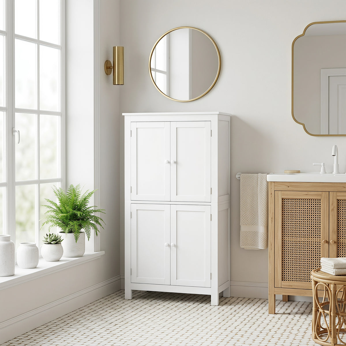 Meuble de salle de bain, meuble de rangement étroit avec 4 portes et étagères réglables, style moderne, blanc-1