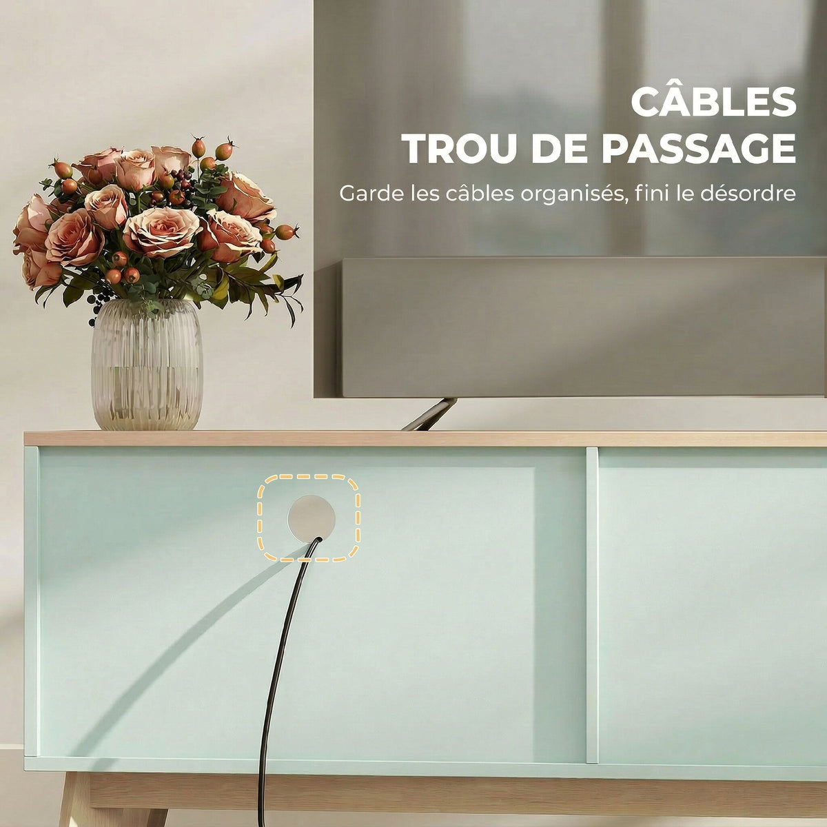 Meuble TV 120 cm, meuble télé pour téléviseur jusqu'à 36 pouces avec 2 portes, tiroir, compartiment ouvert, vert clair-5