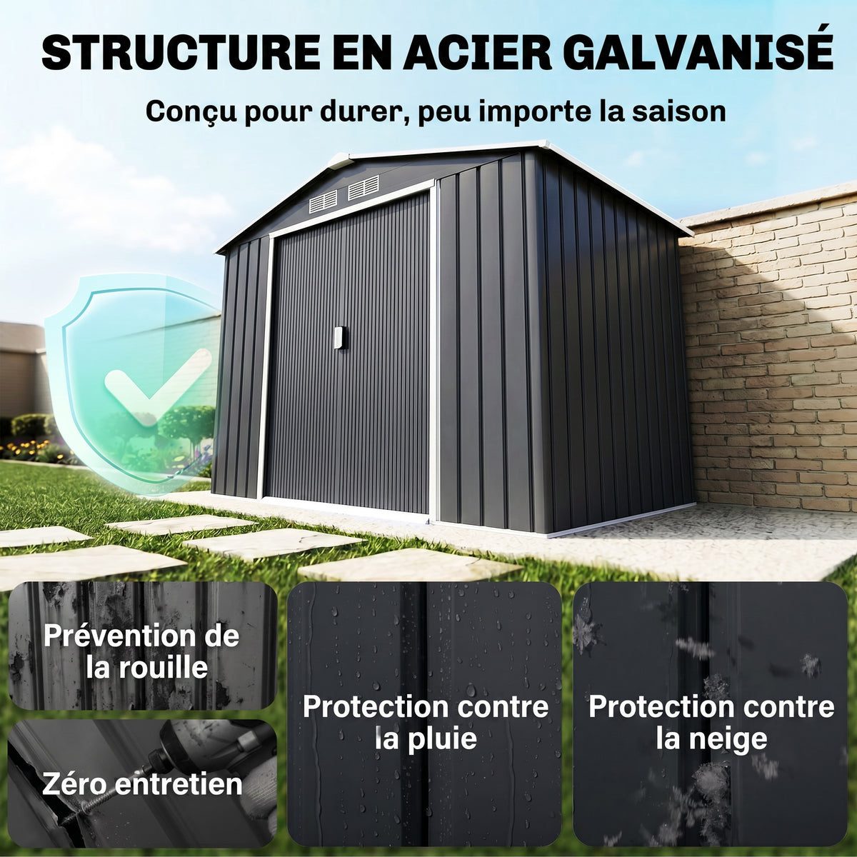 Abri de Jardin 2,42 m² - Remise pour Outils avec Fondation - cabanon Porte verrouillable - tôle d'acier Gris-3